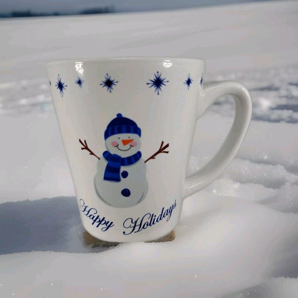 Pacific Island Creations Snowman Mug "Happy Holidays" Blue Stars & Snowflakes